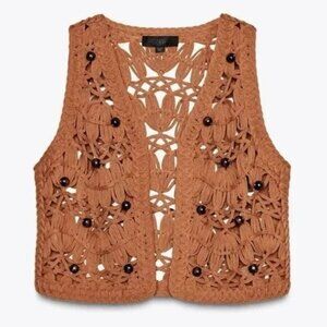[🌟 PRICE FIRM] 🌞 ZARA Beaded Knit Vest Macrame Terracotta Rust Crochet L